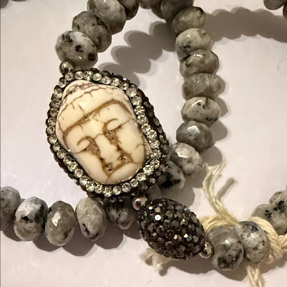 Buddha White Turquoise and Jasper beaded stretch bracelet set of 2